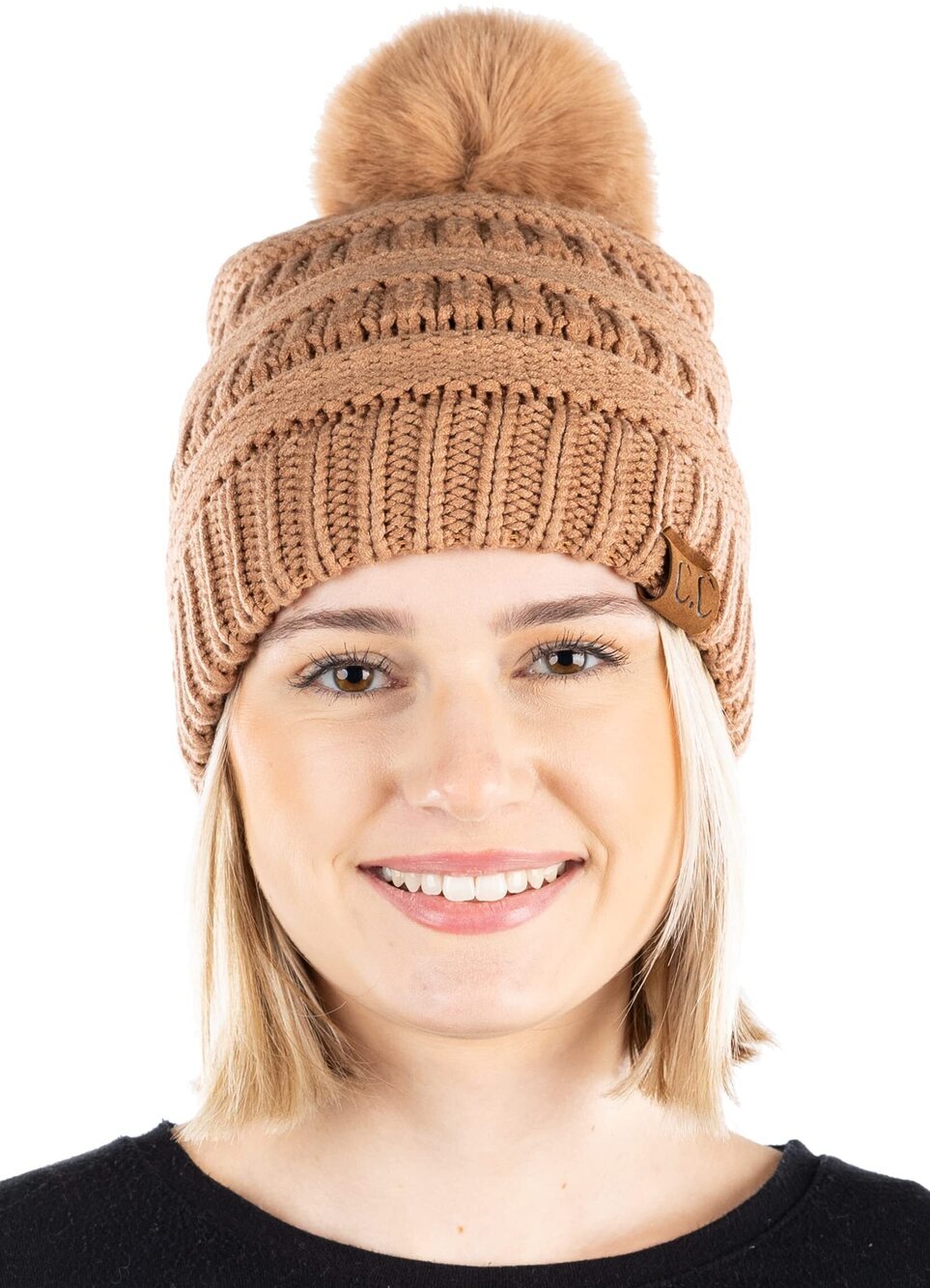 3261 Soft Yarn Faux Fur Pom Ribbed Beanie: Nude